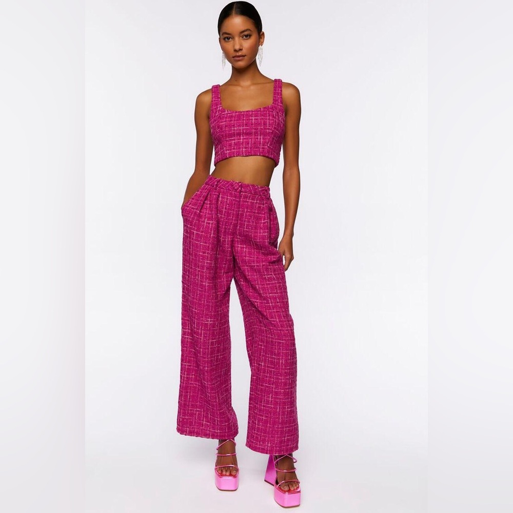 Tweed Wide-Leg Trousers Fuchsia,Berry